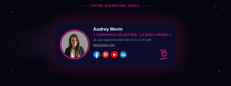 Exemple de signature Gmail professionnelle avec photo, logo et réseaux sociaux créée avec l'IA