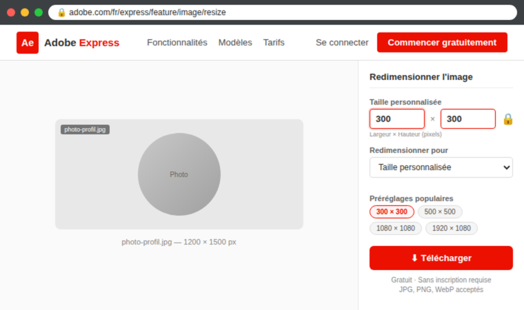 Redimensionner une photo en 300x300 pixels gratuitement avec Adobe Express en ligne