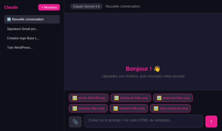 Uploader sa photo et ses icônes dans Claude pour créer une signature Gmail avec l'IA