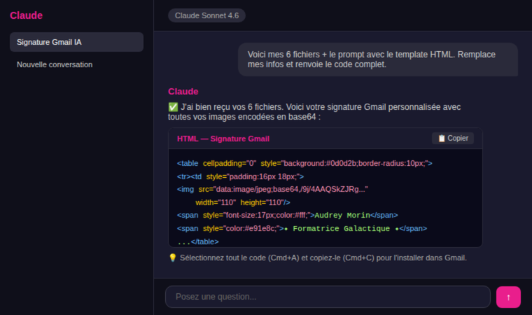 Code HTML de signature Gmail généré automatiquement par Claude ou ChatGPT