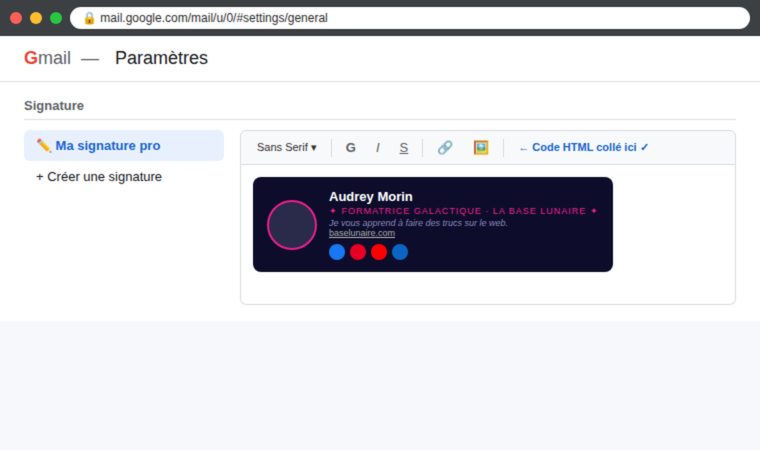 Coller le code HTML de la signature dans les paramètres Gmail