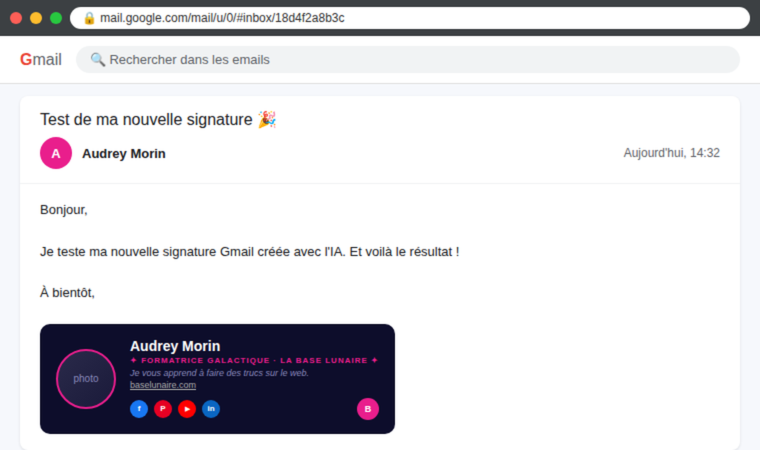 Email Gmail avec une signature professionnelle créée avec l'IA — photo, logo et réseaux sociaux