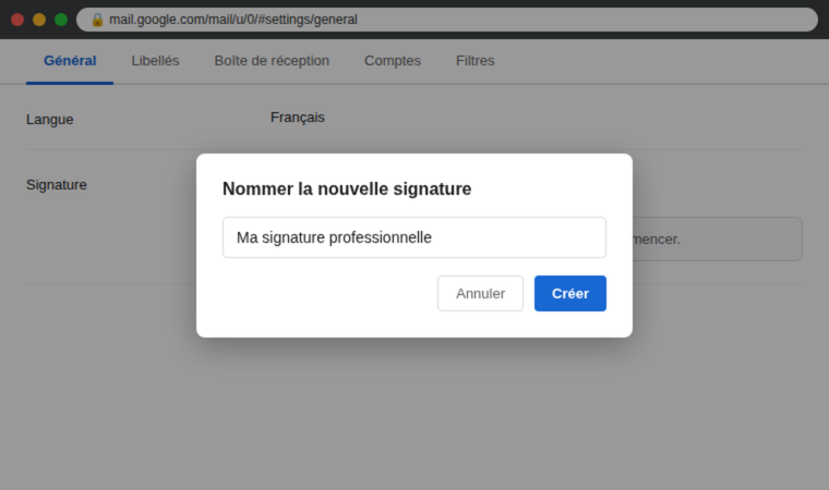 Créer une nouvelle signature dans les paramètres Gmail