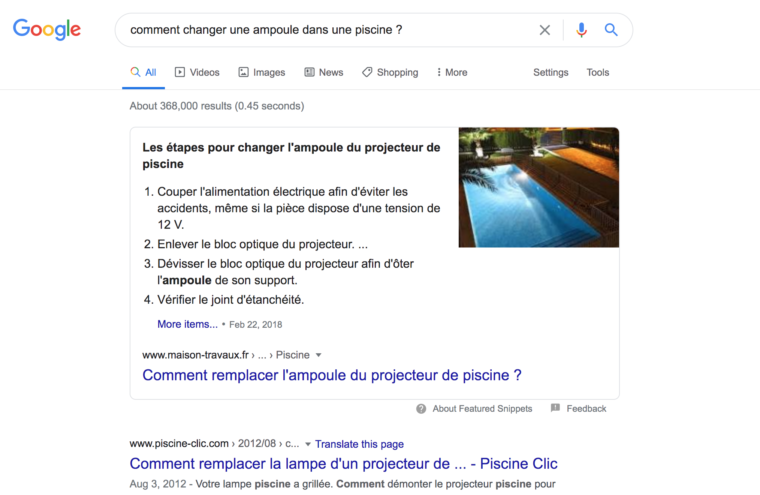 Résultats de recherche Google pour la requête "Comment changer une ampoule dans une piscine ?"