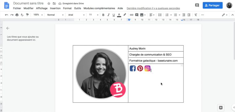 Ajout d'icônes de réseaux sociaux dans un tableau dans un Google Docs