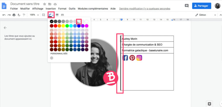 Ajouter une couleur à une bordure d'un tableau d'un fichier doc Google Drive