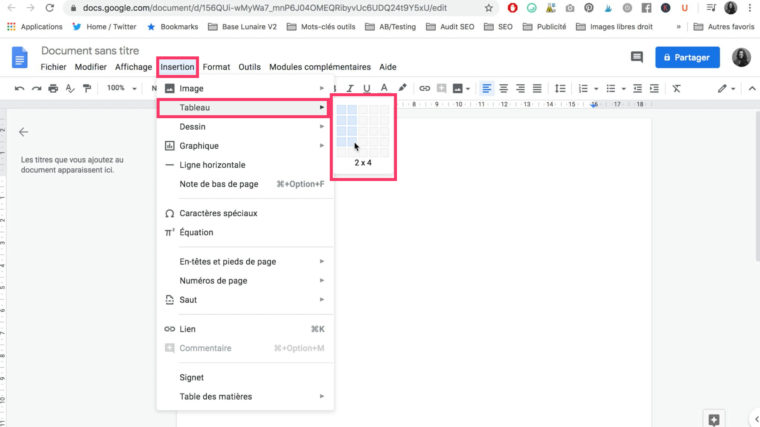 Création d'un tableau dans un fichier Doc Google Drive de 2 colonnes et 4 lignes
