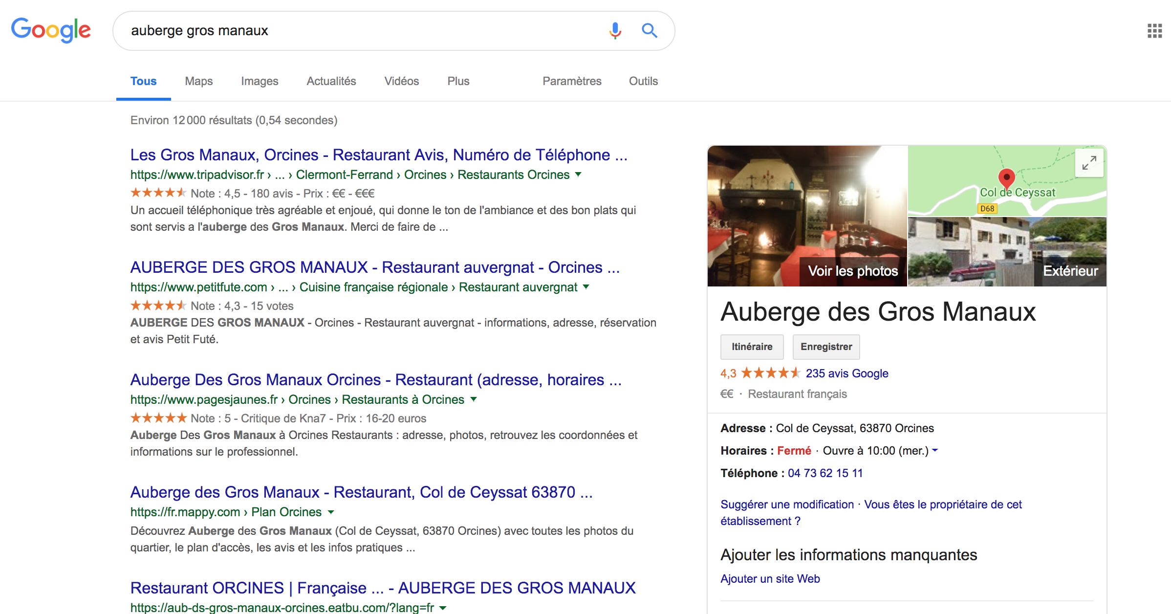 Fiche Google My business de l'auberge des gros manaux