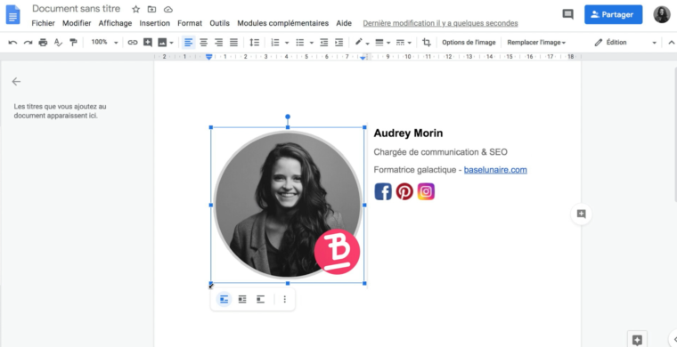 Redimensionner une image dans un fichier doc Google Drive