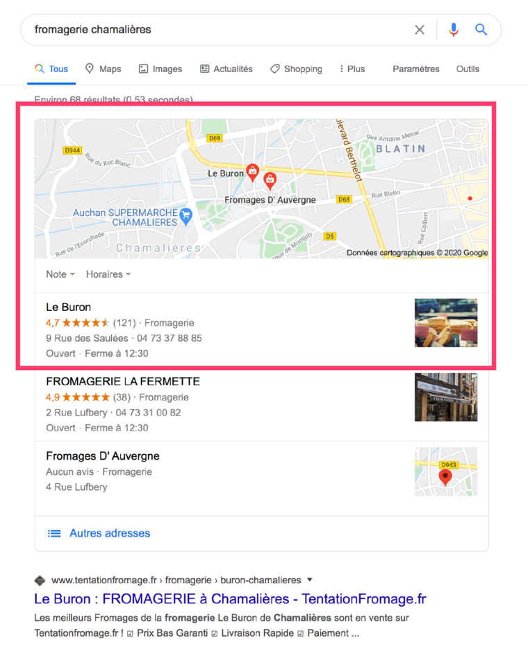 Résultats de recherches Google pour la requête "fromagerie chamalières"